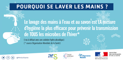 Visuel expliquant pourquoi se laver les mains est la mesure d'hygiène la plus efficace opur prévenir la transmission des virus de l'hiver