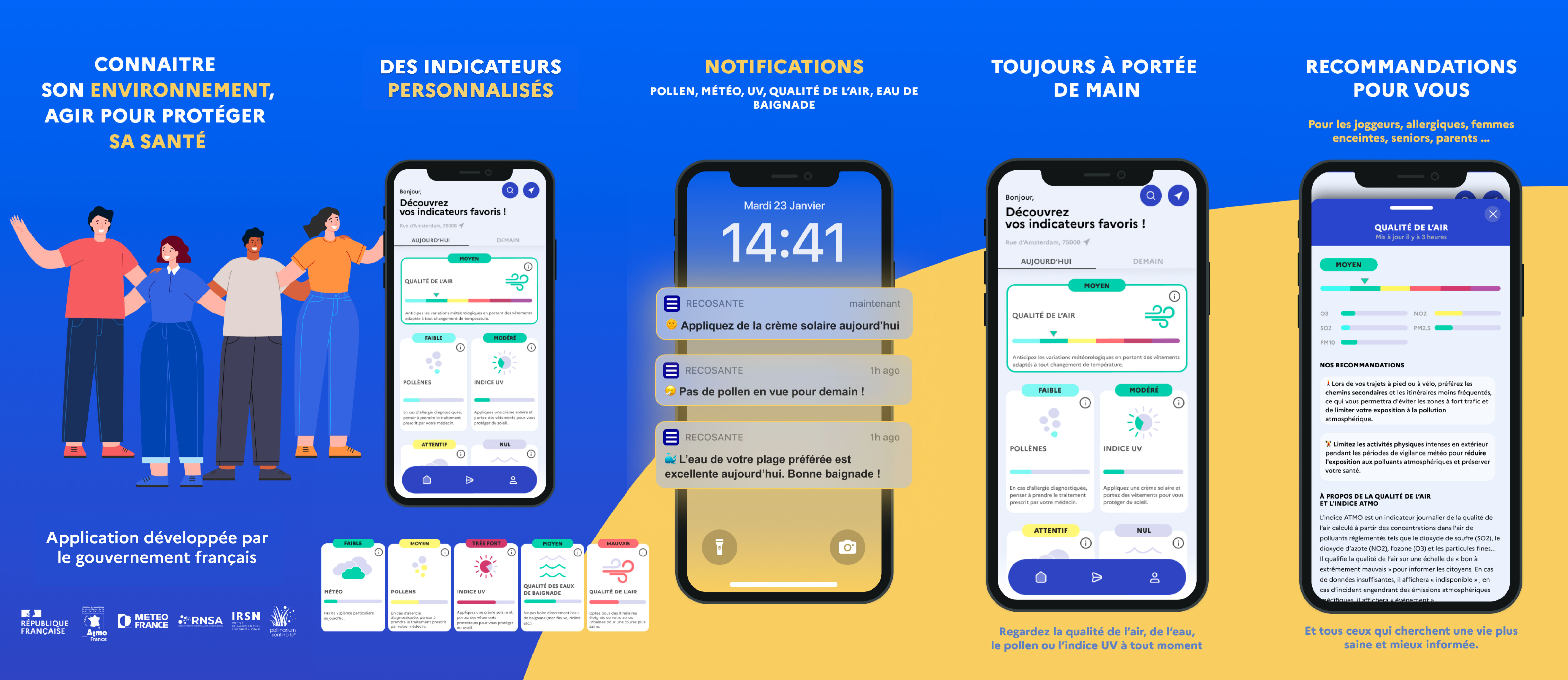 Recosanté, l'application pour connaître son environnement et agir pour protéger sa santé. Avec des indicateurs personnalisés et des notifications. Toujours à portée de main et à tout moment.