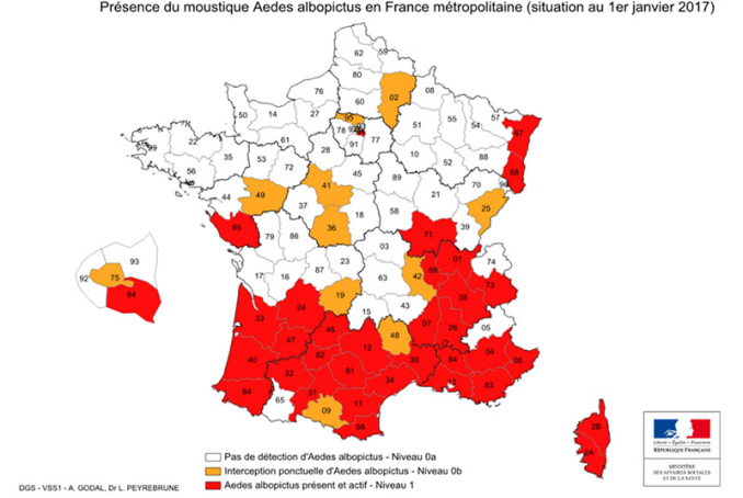 Carte de France des départements où le moustique tigre est implanté
