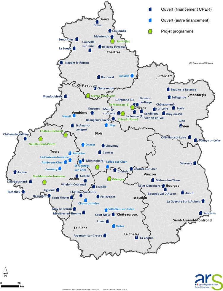 Carte d'implantation des maisons de santé pluridisciplinaires en région Centre Val de Loire