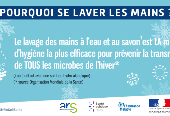 Visuel expliquant pourquoi se laver les mains est la mesure d'hygiène la plus efficace opur prévenir la transmission des virus de l'hiver