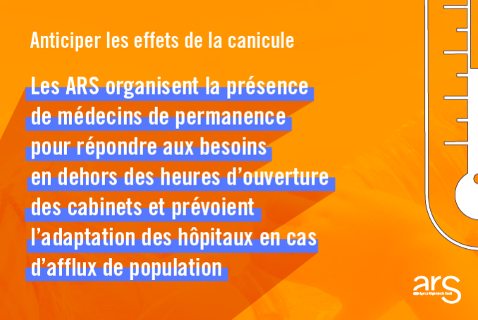 Anticiper les effets de la canicule : les ARS organisent la présence de médecins de permanence pour répondre aux besoins en dehors des heures d'ouverture des cabinets et prévoient l'adaptation des hôpitaux en cas d'afflux de population