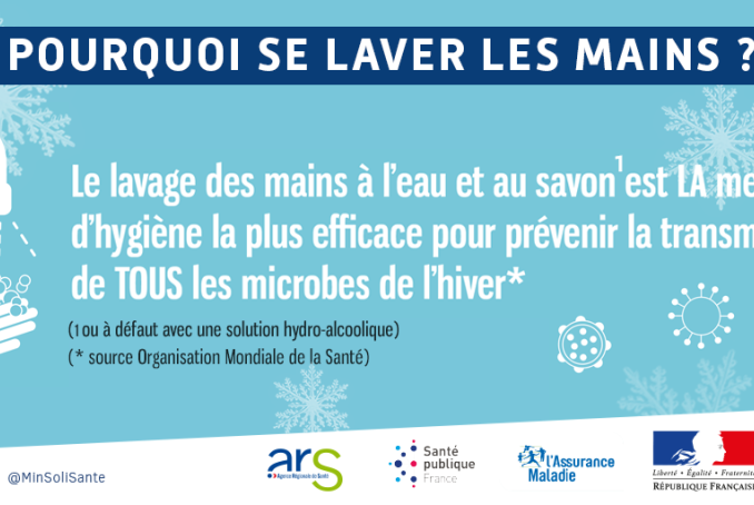 Visuel expliquant pourquoi se laver les mains est la mesure d'hygiène la plus efficace opur prévenir la transmission des virus de l'hiver